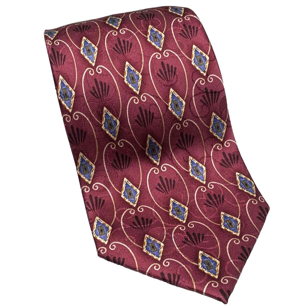 Rooster Men's Necktie burgundy‎ blue diamond filigree 100% Silk preppy 60"x3.5"